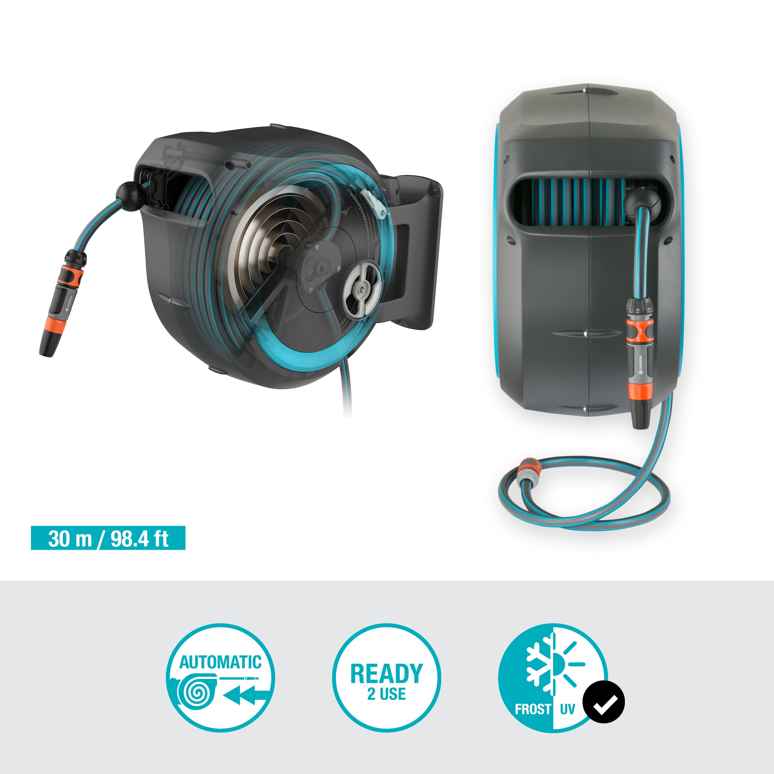  GARDENA 115' ft. Wall Mounted Retractable Hose Reel, Black and  Turquoise : Patio, Lawn & Garden