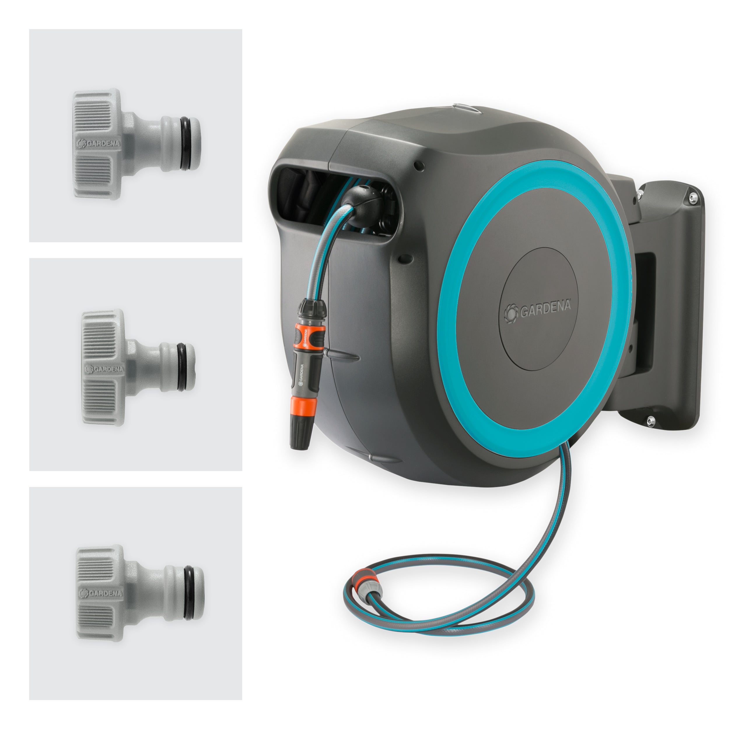 Gardena Wall Mounted Retractable Hose Reel, 115 Feet, Black and Turquoise