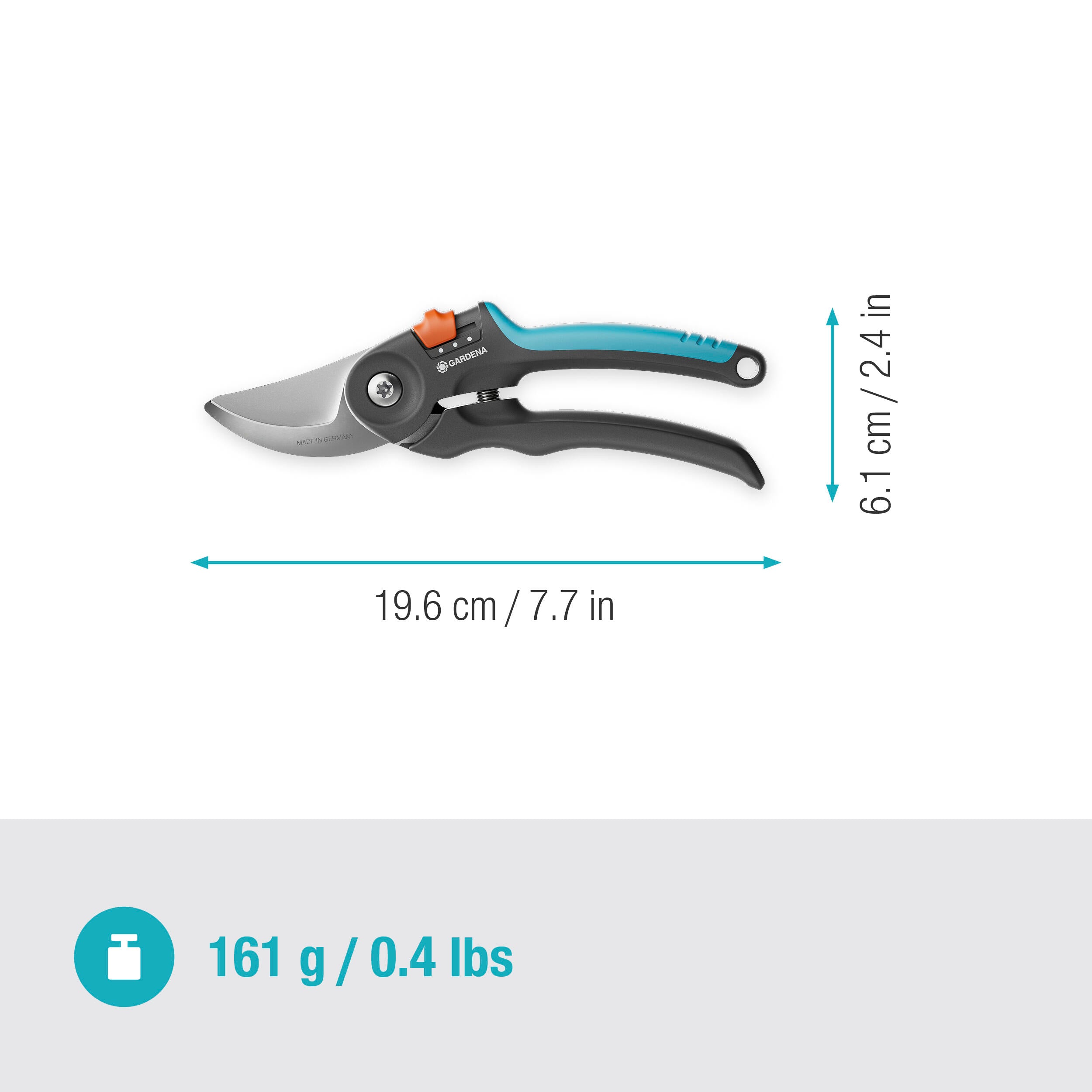 Pruning shears with dimension annotations showing a total length of 19.6 cm (7.