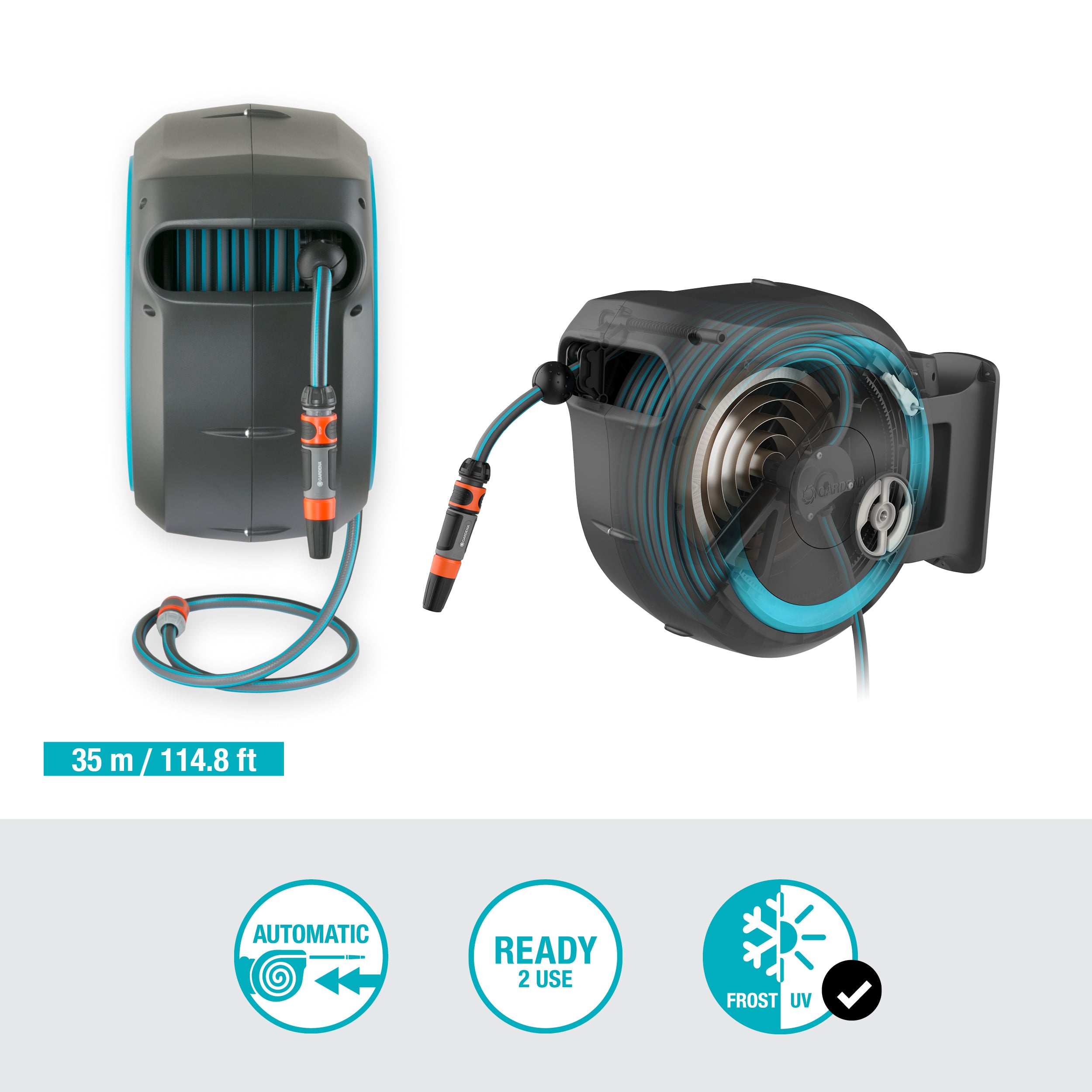 Gardena Wall Mounted Retractable Hose Reel, 115 Feet, Black and Turquoise