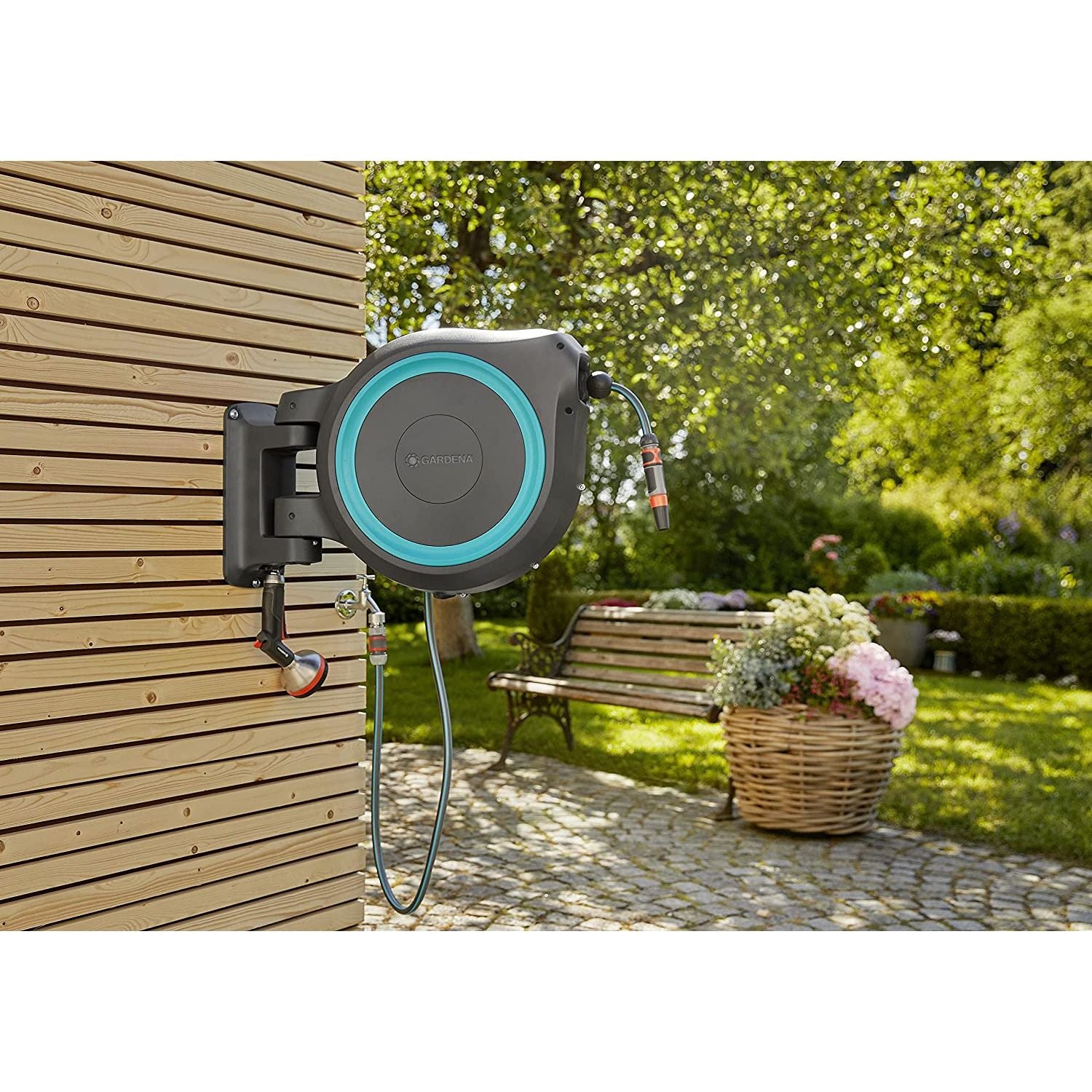 GARDENA 8050-83 Foot Wall Mounted Retractable Reel with Hose Guide
