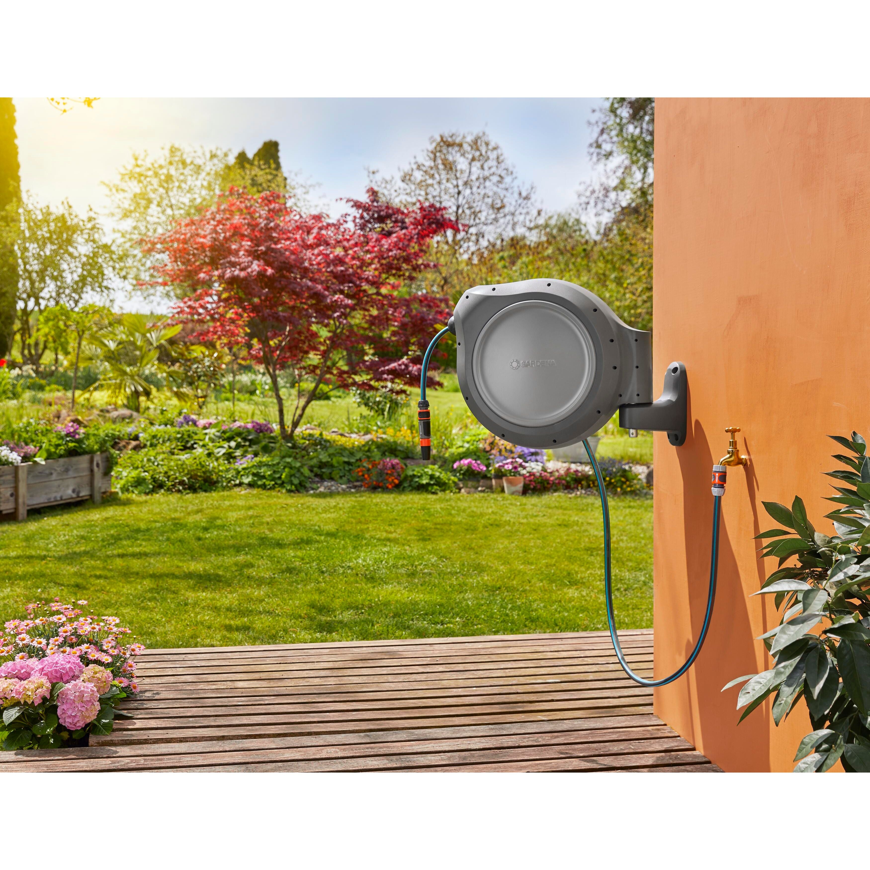 Wall-mounted automatic hose reel white Gardena RollUp ML 18622-20.000.00  home houce garden appliences watering and irrigation reels - AliExpress
